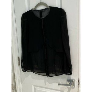 Zara Women’s Leather Embellished Sheer Long Sleeve Button Down Blouse Si…